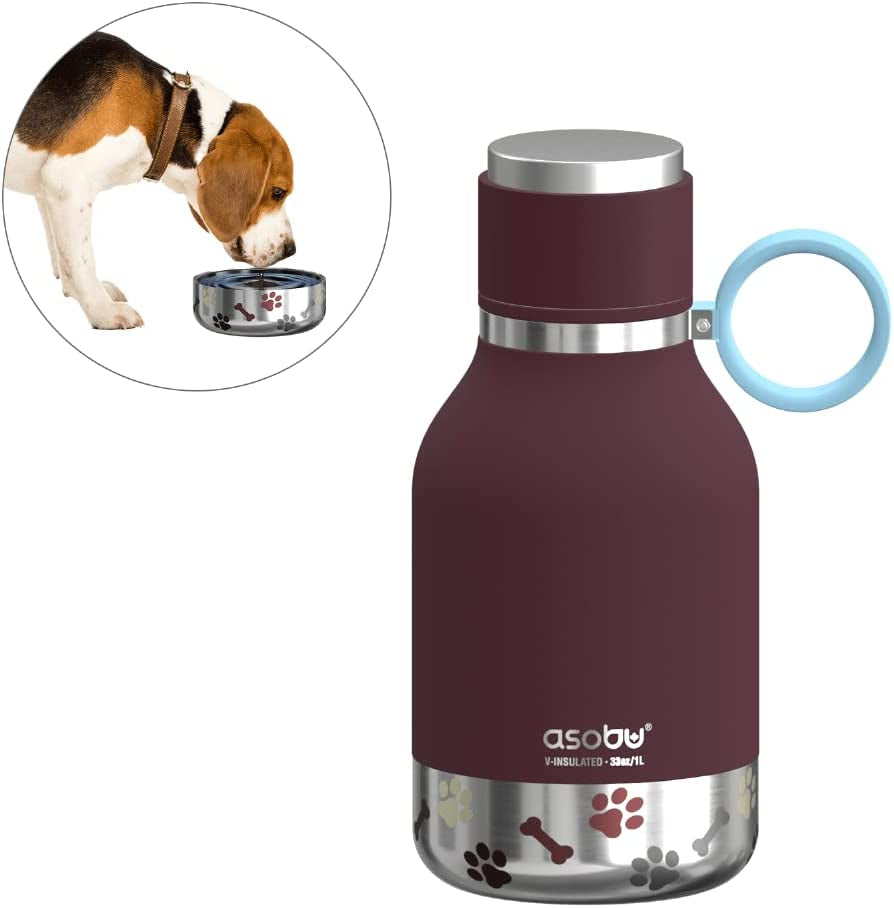 Dog Bowl Attached to Stainless Steel Insulated Bottle 1 Liter (Burgundy)